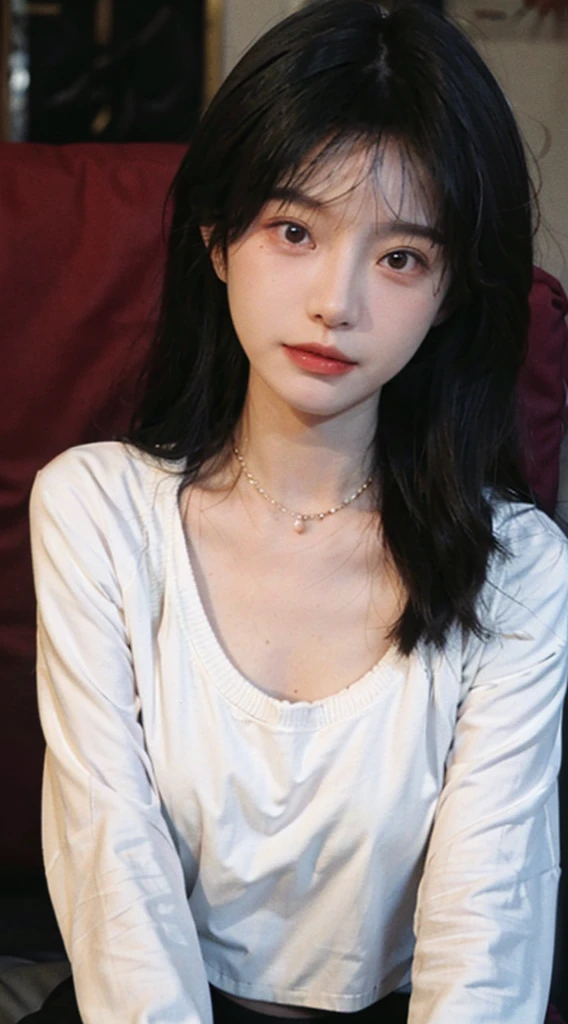 best qualtiy, Ultra-high resolution, (realisticlying:1.4),cute hairpin,1girll,Red long-haired,Cropped sweater ,Beautiful woman with a slim figure:1.4, Pronounced abs:1.4, On the island,Ultra-fine face,Elaborate Eyes,double eyelid,choker necklace