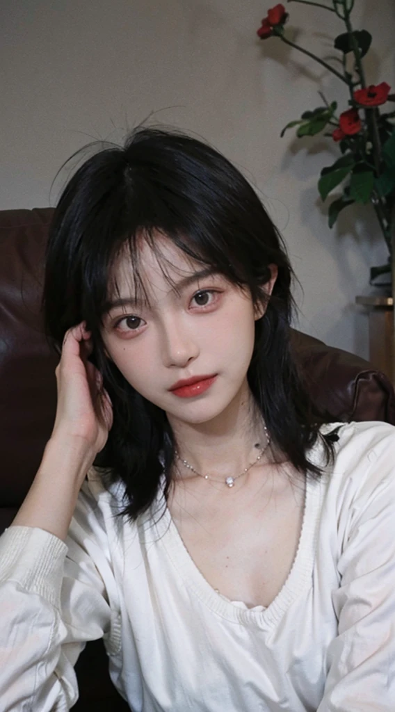 best qualtiy, Ultra-high resolution, (realisticlying:1.4),cute hairpin,1girll,Red long-haired,Cropped sweater ,Beautiful woman with a slim figure:1.4, Pronounced abs:1.4, On the island,Ultra-fine face,Elaborate Eyes,double eyelid,choker necklace