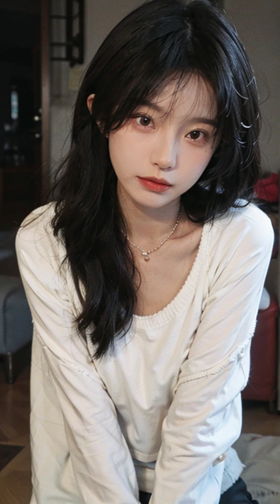 best qualtiy, Ultra-high resolution, (realisticlying:1.4),cute hairpin,1girll,Red long-haired,Cropped sweater ,Beautiful woman with a slim figure:1.4, Pronounced abs:1.4, On the island,Ultra-fine face,Elaborate Eyes,double eyelid,choker necklace