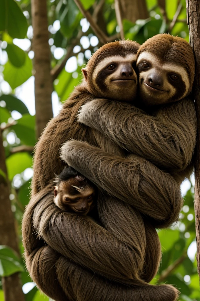A sloth very much in love hugging a monkey