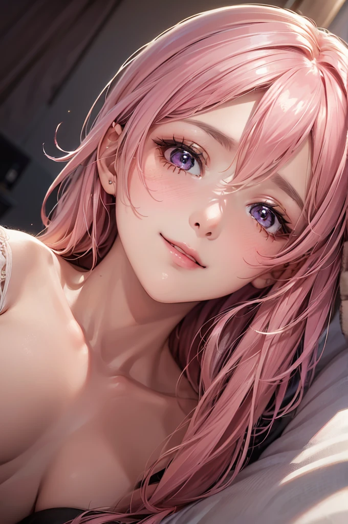 (Best Quality,High resolution,8K,finelity detailed background,Masterpiece:1.2),beautiful girl,Shiny pink hair,messy hair,Pink eyes,Gentle look,A refreshing look,Best quality,Best Quality,Aesthetic and aesthetic:1.2,Best details((Super detailed))(High-definition CG illustrations),Glamorous black underwear (black,intricate lace),Slender body,night,Moonlight,Bedroom,On the bed,smile,blush,cute,Scrounge,Looking up,Being spoiled,Smiling Kindly,super model,wariza,shoot from below