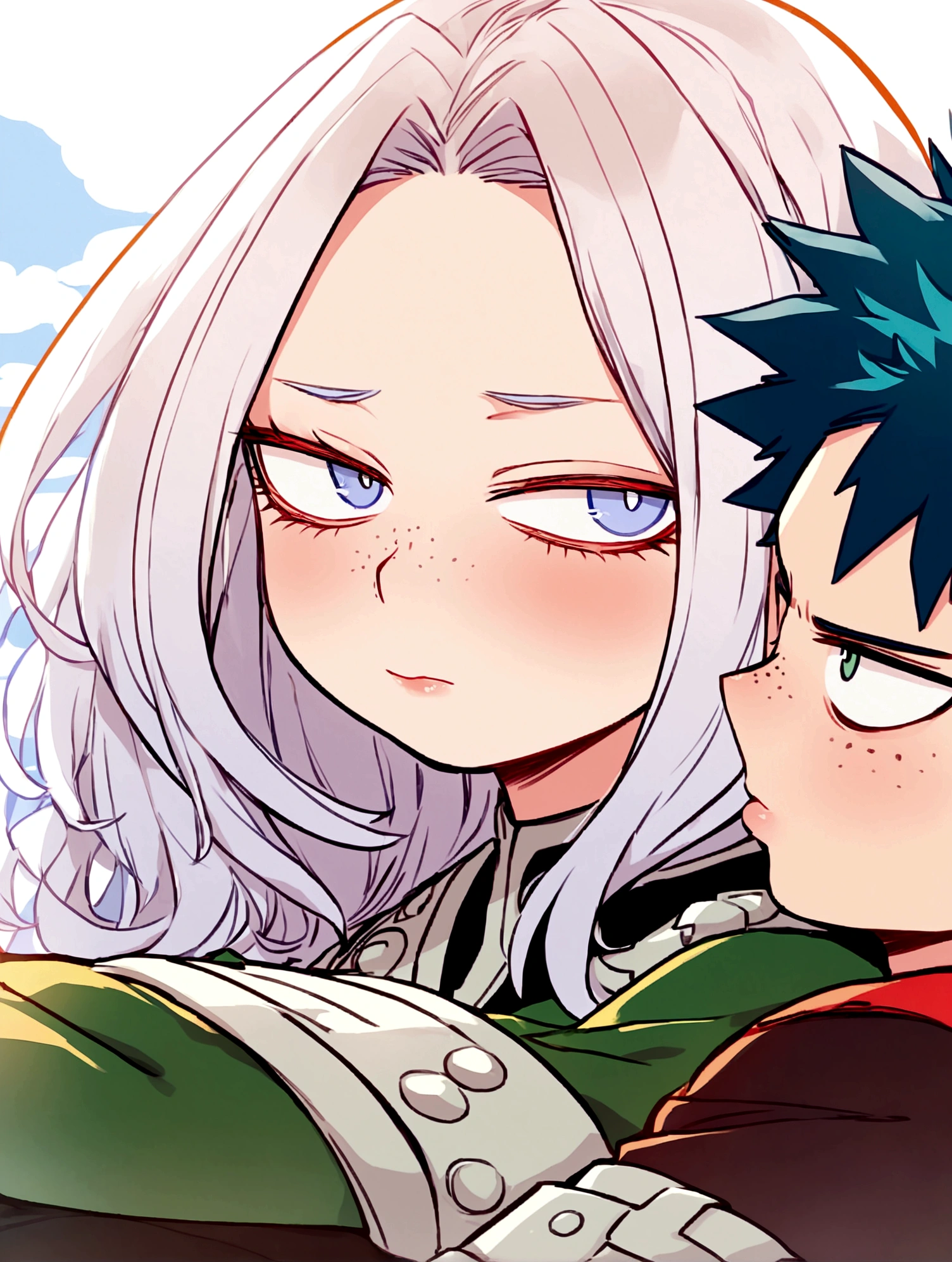 I want an oc from boku no hero academia, he has hip-length white hair, his eyes are slanted and large, bright blue. Her lips are delicate and there are freckles on her cheeks. He is wearing the UA uniform from Boku no hero academia and that is the drawing style of the image.