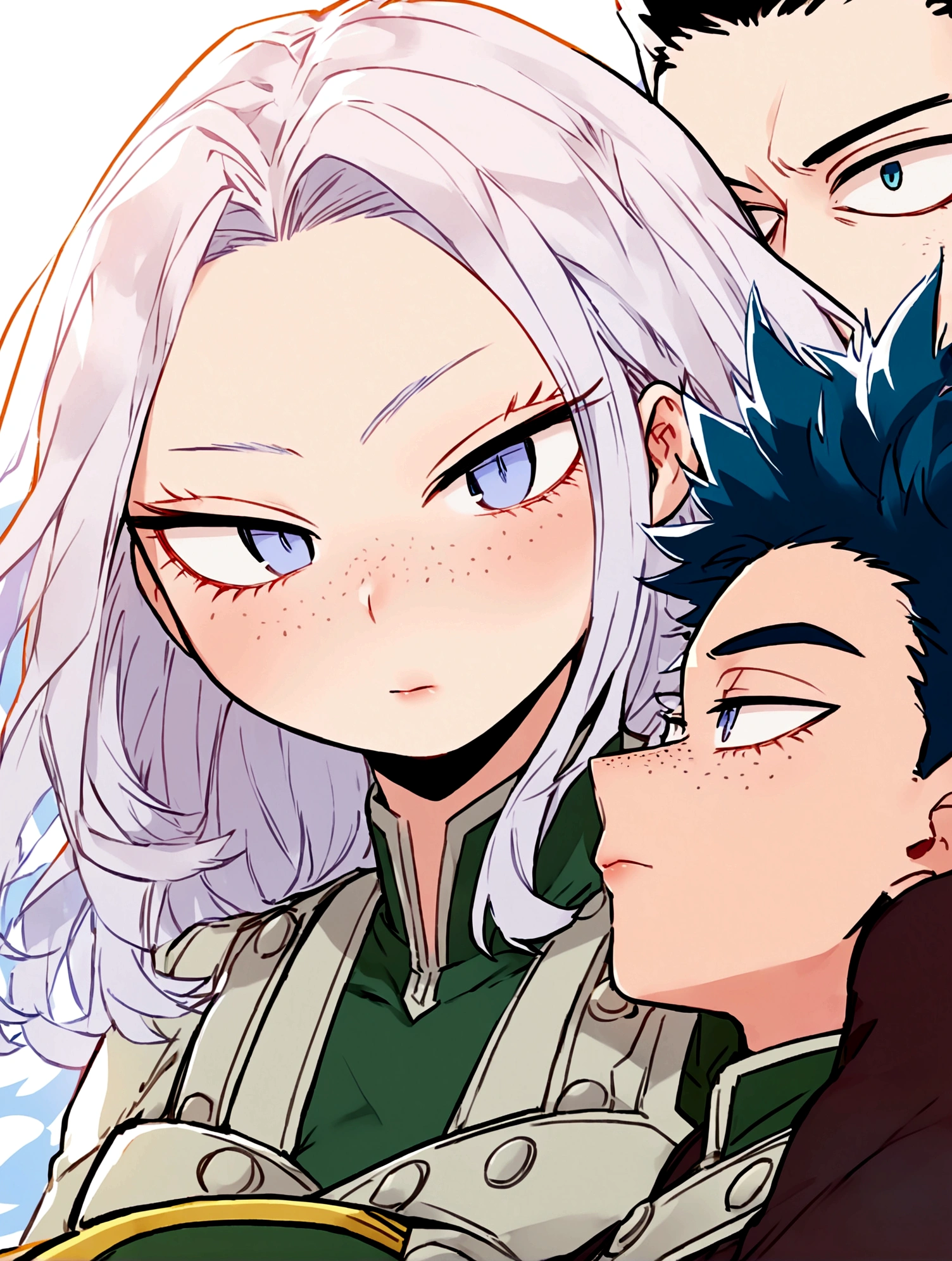 I want an oc from boku no hero academia, he has hip-length white hair, his eyes are slanted and large, bright blue. Her lips are delicate and there are freckles on her cheeks. He is wearing the UA uniform from Boku no hero academia and that is the drawing style of the image.