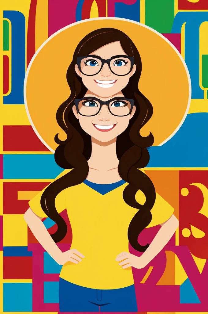 Cartoon of a happy teacher, with glasses, long wavy hair, with colorful background of letters and numbers