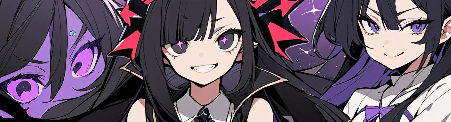 A girl with long black hair with straight bangs, with hair cut at the ends. Two large strands in the front, one bigger than the other. A rebel thread. A small white streak in your bangs. Two demon horns, one purple and one black, both with a dark purple star. one black eye and one purple eye. A purple star on your right cheek. black wide pants. All star shoe. Full white shirt with a bow tie with a star in the middle, with short sleeves. a big chest . Grinning. She is a star demon. She is standing looking at the camera. In one of his eyes a star in the black eye case, in the black eye and just black. Sex girl. Sex girl. One black eye and one purple eye. One people