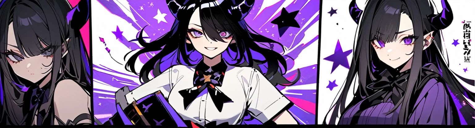 A girl with long black hair with straight bangs, with hair cut at the ends. Two large strands in the front, one bigger than the other. A rebel thread. A small white streak in your bangs. Two demon horns, one purple and one black, both with a dark purple star. one black eye and one purple eye. A purple star on your right cheek. black wide pants. All star shoe. Full white shirt with a bow tie with a star in the middle, with short sleeves. a big chest . Grinning. She is a star demon. She is standing looking at the camera. In one of his eyes a star in the black eye case, in the black eye and just black. Sex girl. Sex girl. One black eye and one purple eye. One people