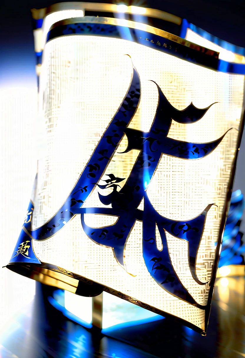 An unrolled ancient Chinese rice paper book, opened and placed, glass material, written with Chinese characters in gold, transparent, light blue, white, light gold, C4D, OC renderer, dreamlike, combined with the sense of the ancient and the future, three-dimensional ancient, bioluminescent, a beam of light, three-dimensional ancient, romantic ancient, light yellow, clean background, Zhao Wuji, Clear particles, clear light and shadow, real and virtual fields, ultra-high resolution, the overall composition is very artistic and spatial --ar 3:4