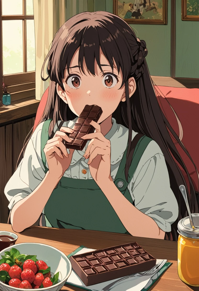 Studio Ghibli-style anime movies, Movie stills, Highest quality, masterpiece, Representative works, Official Art, Professional, Extremely elaborate details, 8K, A teenage woman eating a chocolate bar with relish