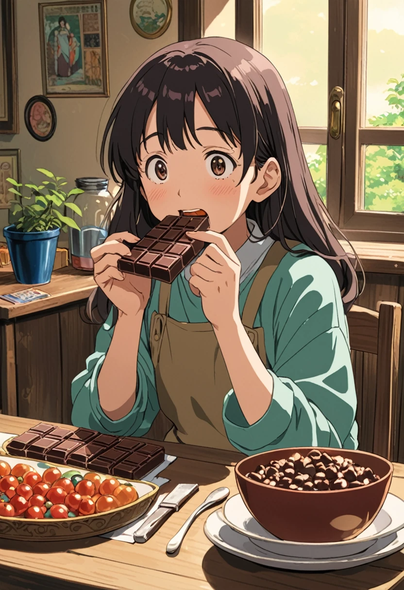 Studio Ghibli-style anime movies, Movie stills, Highest quality, masterpiece, Representative works, Official Art, Professional, Extremely elaborate details, 8K, A teenage woman eating a chocolate bar with relish