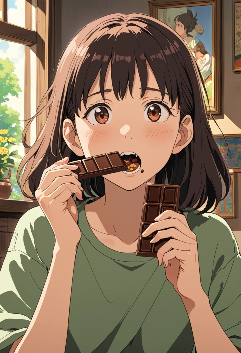 Studio Ghibli-style anime movies, Movie stills, Highest quality, masterpiece, Representative works, Official Art, Professional, Extremely elaborate details, 8K, A teenage woman eating a chocolate bar with relish