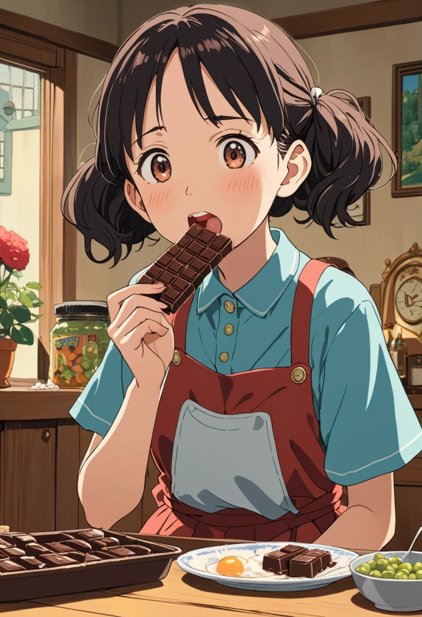 Studio Ghibli-style anime movies, Movie stills, Highest quality, masterpiece, Representative works, Official Art, Professional, Extremely elaborate details, 8K, A teenage woman eating a chocolate bar with relish