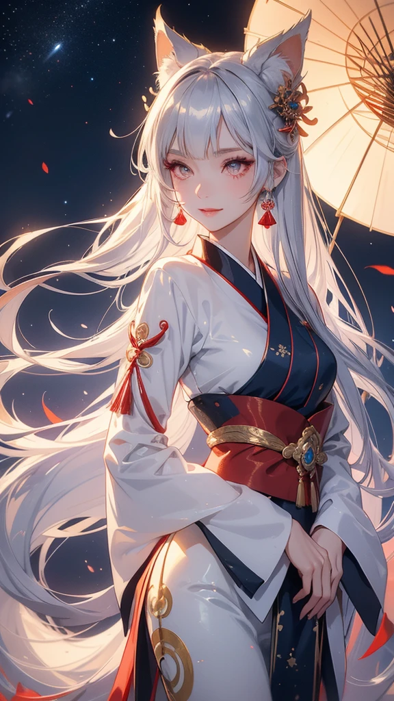 Kitsune girl,hime cut,silver eyes,gold darkblue and red tones japanese cloth, geisha dress theme sun&moon , traditional japanese , long white hair,silver fox ears, have kitsune tail, beautiful woman, silver eyes, elegant, young adult beautiful,night , starry night,sexy eyes,flirting,smile, erotic
