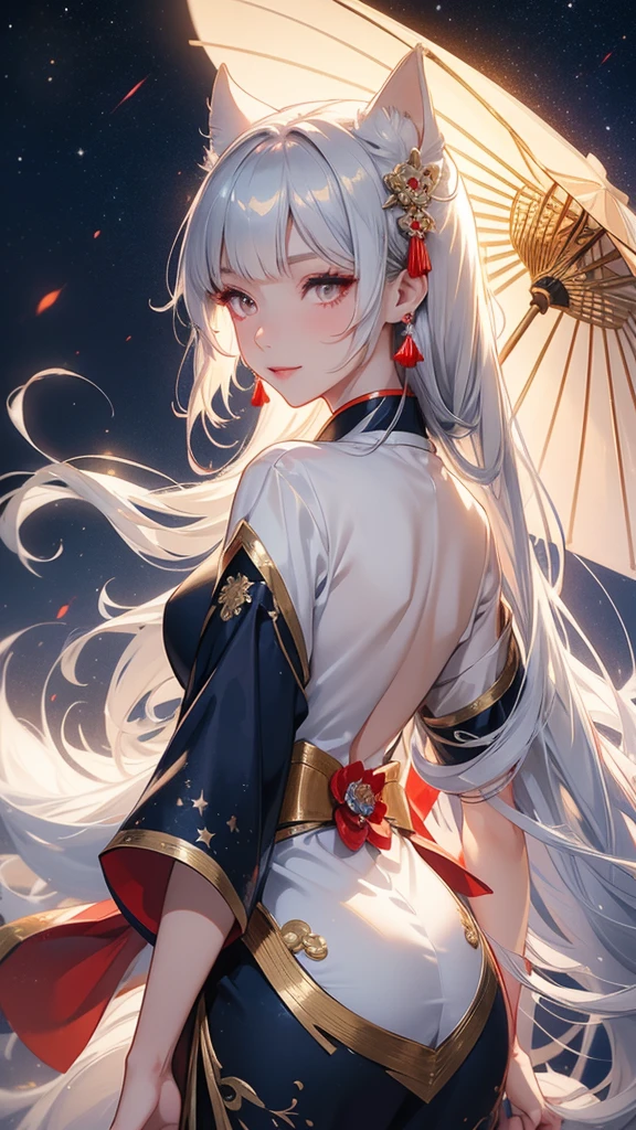 Kitsune girl,hime cut,silver eyes,gold darkblue and red tones japanese cloth, geisha dress theme sun&moon , traditional japanese , long white hair,silver fox ears, have kitsune tail, beautiful woman, silver eyes, elegant, young adult beautiful,night , starry night,sexy eyes,flirting,smile, erotic