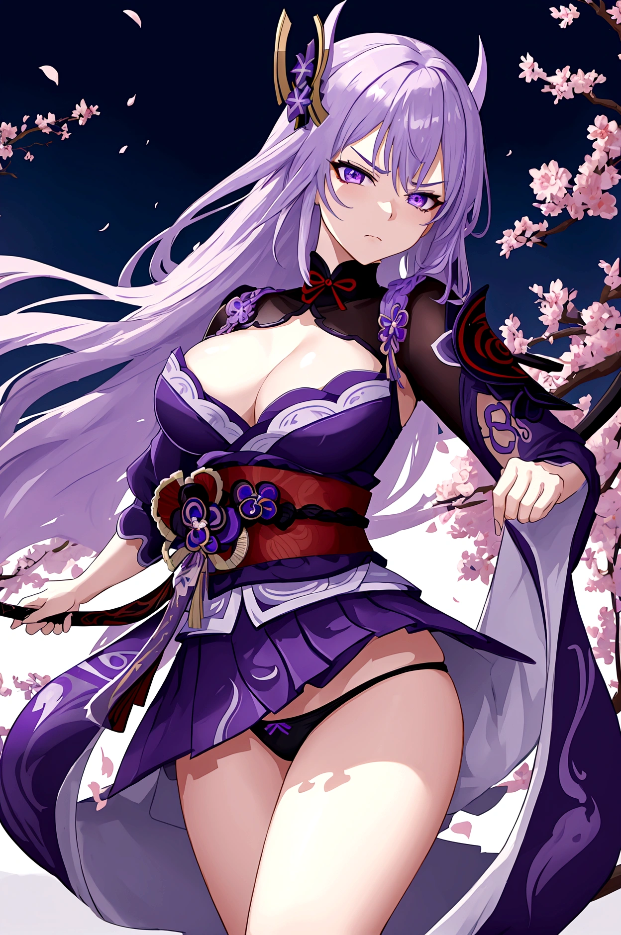 masterpiece, Shogun Raiden \(genshin impact\), Shogun Raiden \(genshin impact\), beautiful, mad, genshin impact, purple hair, (beautiful detailed eyes), beautiful, amazing, best quality, female, underwear visible, ultra-detailed, epic, mad expression, very angry expression, looking at camera. she has really short skirt and her underwear is visible, her underwear visible, her underpants visible.