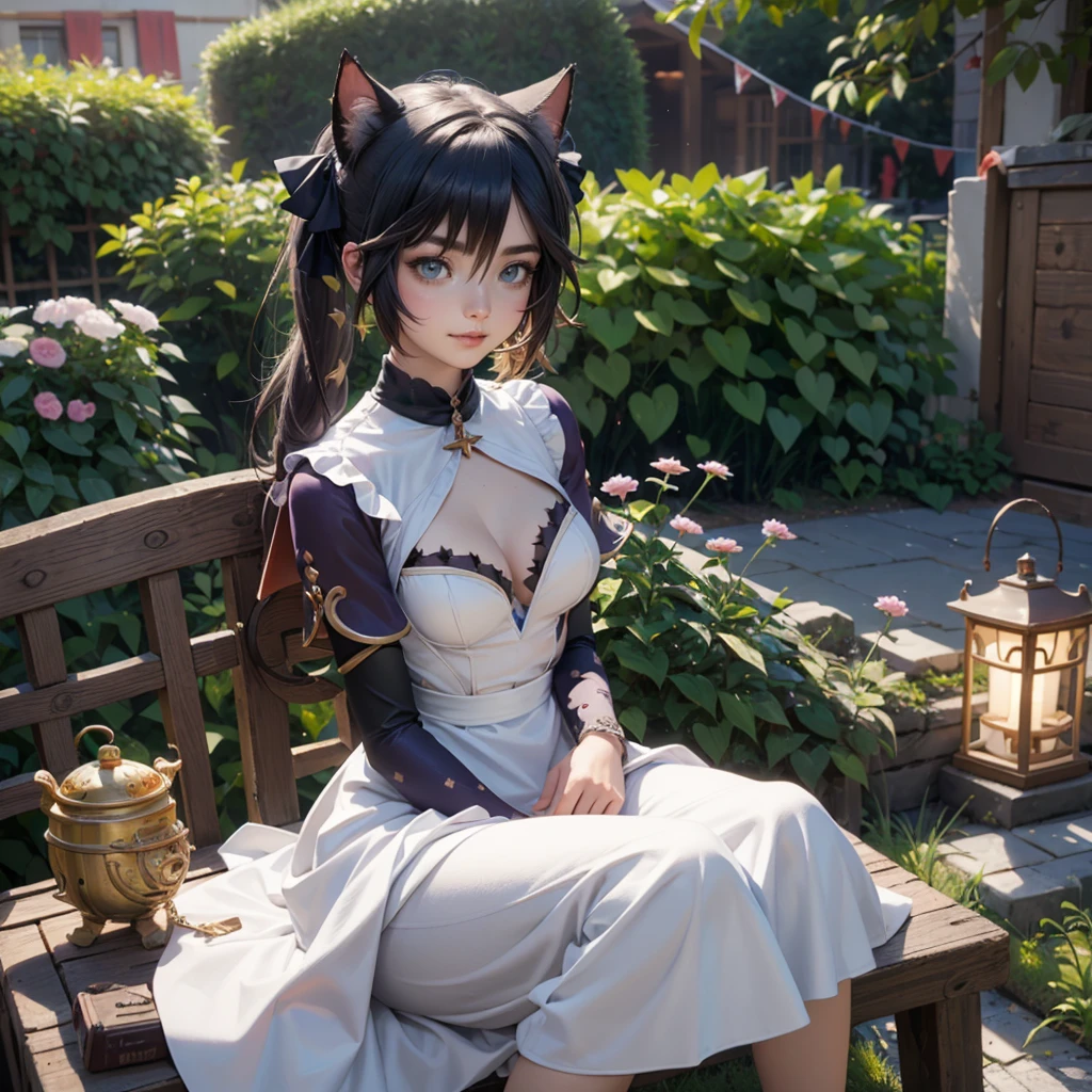 Mona_(genshin impact), 1 girl, cat ears, animal ears, cat tail, ornament hair, perfectly body, perfectly hands, solo, alone, wave hair, black hair, long hair, twintails, maid, maid dress, maid headdress, maid apron, white apron, seat on a sofa, garden, garden scenery, red roses on focus, gold lantern, navy dress, more details on her clothes, white dress with transparency, golden details, night, smiling, cape, ((4k, masterpiece, top-quality)),8k, best quality, high resolution, HD, (illustration:0.8), super cute girl, delicate and beautiful face, 1girl, solo, mature girl, super cute hairstyle, (beautiful detailed eyes:1.6), extremely detailed face, perfect lighting, extremely detailed CG, (perfect hands, perfect anatomy), Best quality, cleavage, small skirt, full Body,