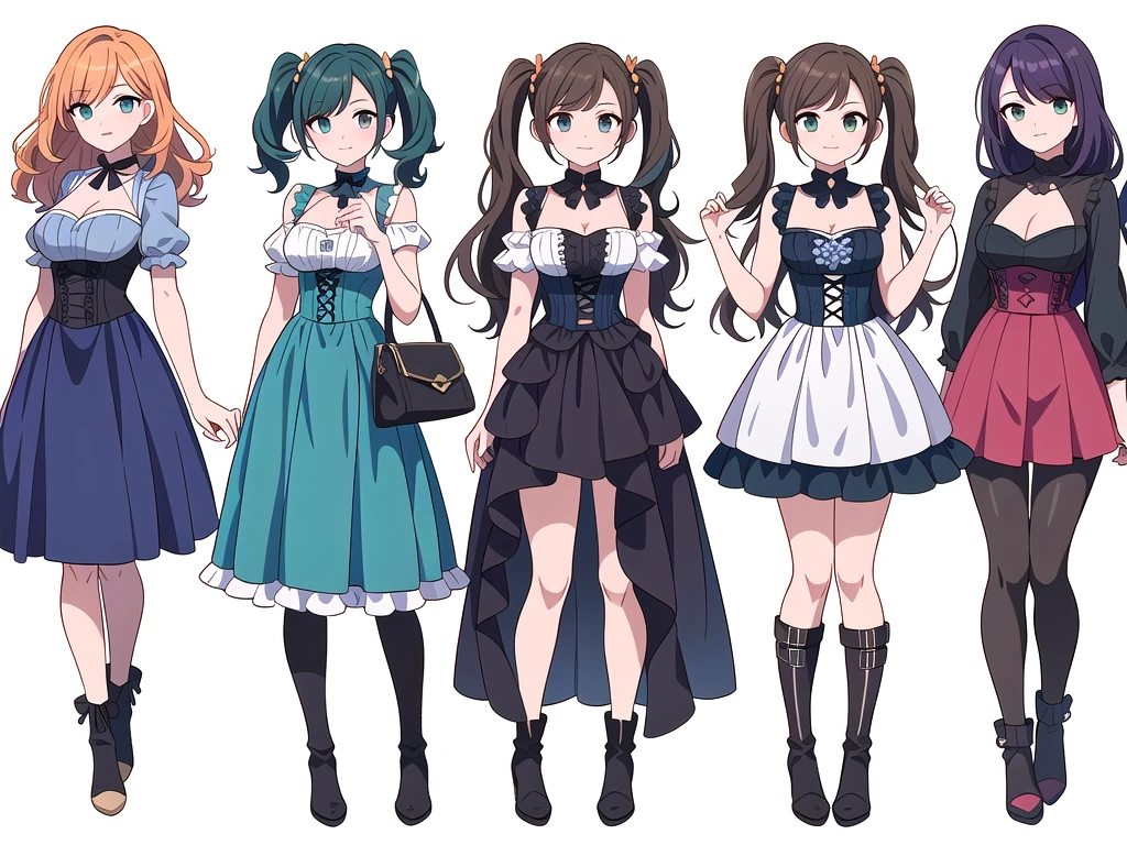 (((Best Quality))) , ((full body)), 4 lady, adult woman, multiple views, (((white background,))) variety of hairstyles, variety of fashion styles, seductive pose, fashionable and trendy atmosphere, holding bag, summer outfits, walk pose, dark blue/dark orange/dark green/dark violet/brown/white, short shorts, cleavage, frill, boots, corset,
