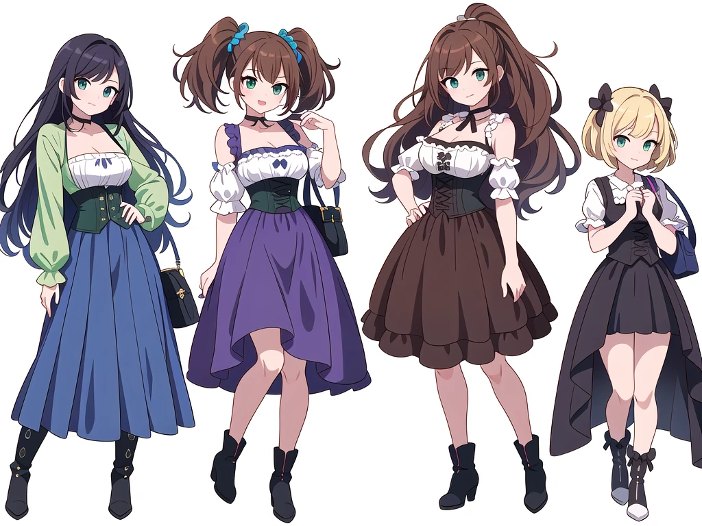 (((Best Quality))) , ((full body)), 4 lady, adult woman, multiple views, (((white background,))) variety of hairstyles, variety of fashion styles, seductive pose, fashionable and trendy atmosphere, holding bag, summer outfits, walk pose, dark blue/dark orange/dark green/dark violet/brown/white, short shorts, cleavage, frill, boots, corset,
