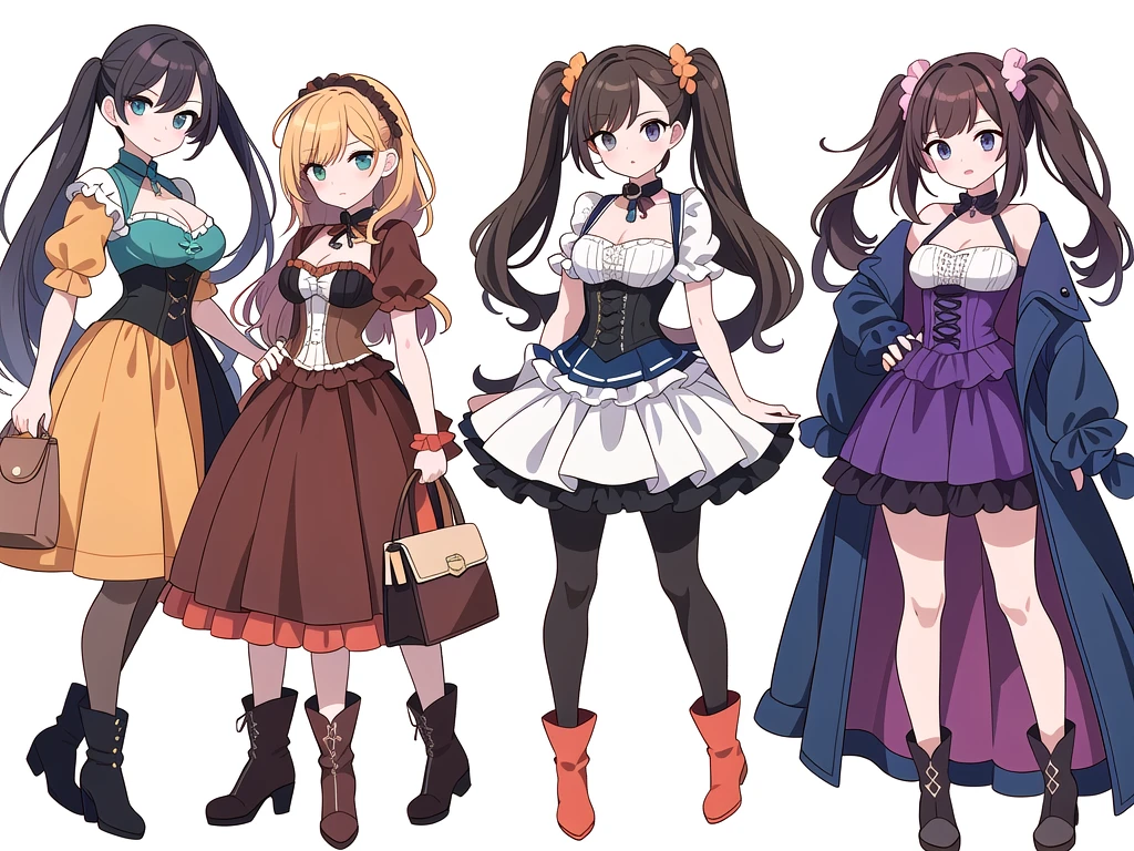 (((Best Quality))) , ((full body)), 4 lady, adult woman, multiple views, (((white background,))) variety of hairstyles, variety of fashion styles, seductive pose, fashionable and trendy atmosphere, holding bag, summer outfits, walk pose, dark blue/dark orange/dark green/dark violet/brown/white, short shorts, cleavage, frill, boots, corset,

