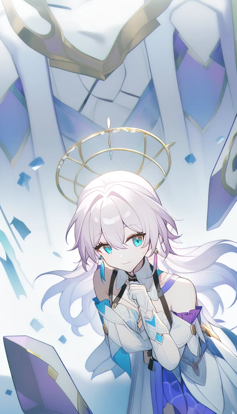 1girl, robin_\(honkai:_star_rail\), bare_shoulders, head_wings, white_dress, white_gloves, detached_sleeves, short_sleeves, aqua_eyes, long_hair, halo, purple_dress, hair_between_eyes, earrings, purple_hair