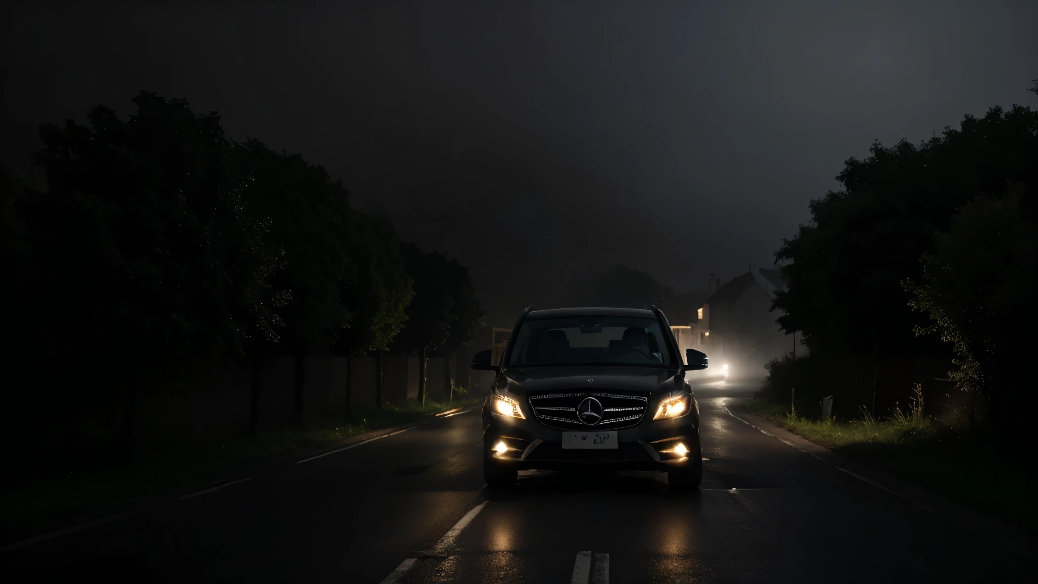 Dense Foggy Road at Night: A black mercedes car speeding on a deserted village road shrouded in dense fog, barely visible ahead(distance view), background old village, darkness surrounded