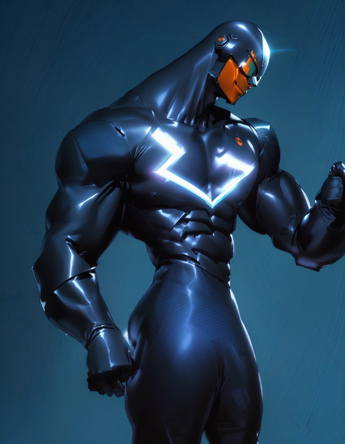 masterpiece, best quality, (extremely detailed CG unity 8k wallpaper), (best quality), (best illustration), (best shadow), muscular man, he is wearing a shinny metal dark blue seal skin suit with shinny orange gloves, 'V' shape on chest is orange color, he is wearing a mask with large orange shinny metallic goggles, realistic lighting, (Abyss), beautiful detailed glow, strong hands closed into fists.