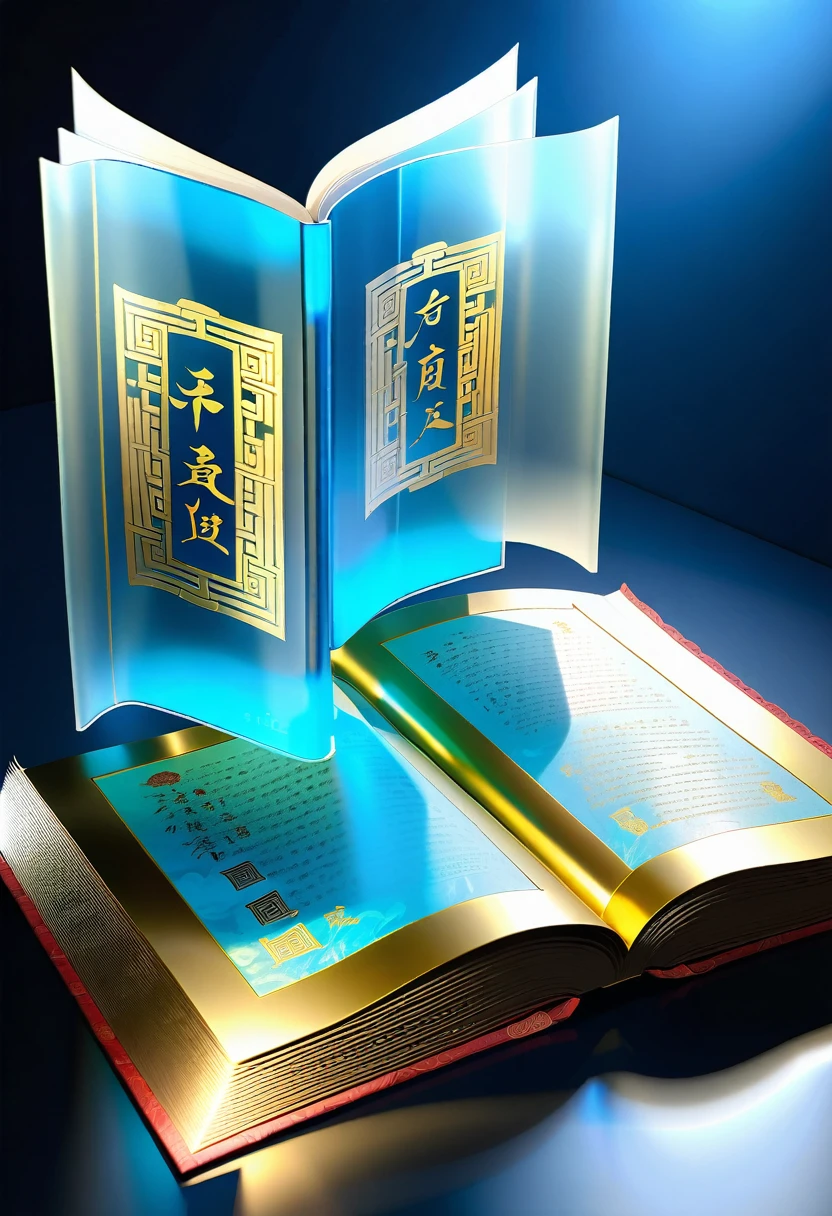  An unrolled ancient Chinese rice paper book, opened and placed, glass material, written with Chinese characters in gold, transparent, light blue, white, light gold, C4D, OC renderer, dreamlike, combined with the sense of the ancient and the future, three-dimensional ancient, bioluminescent, a beam of light, three-dimensional ancient, romantic ancient, light yellow, clean background, Zhao Wuji, Clear particles, clear light and shadow, real and virtual fields, ultra-high resolution, the overall composition is very artistic and spatial --ar 3:4
