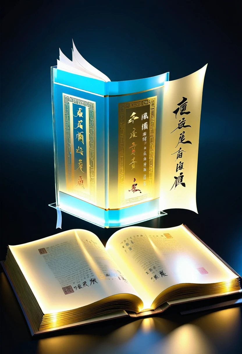 An unrolled ancient Chinese rice paper book, opened and placed, glass material, written with Chinese characters in gold, transparent, light blue, white, light gold, C4D, OC renderer, dreamlike, combined with the sense of the ancient and the future, three-dimensional ancient, bioluminescent, a beam of light, three-dimensional ancient, romantic ancient, light yellow, clean background, Zhao Wuji, Clear particles, clear light and shadow, real and virtual fields, ultra-high resolution, the overall composition is very artistic and spatial --ar 3:4