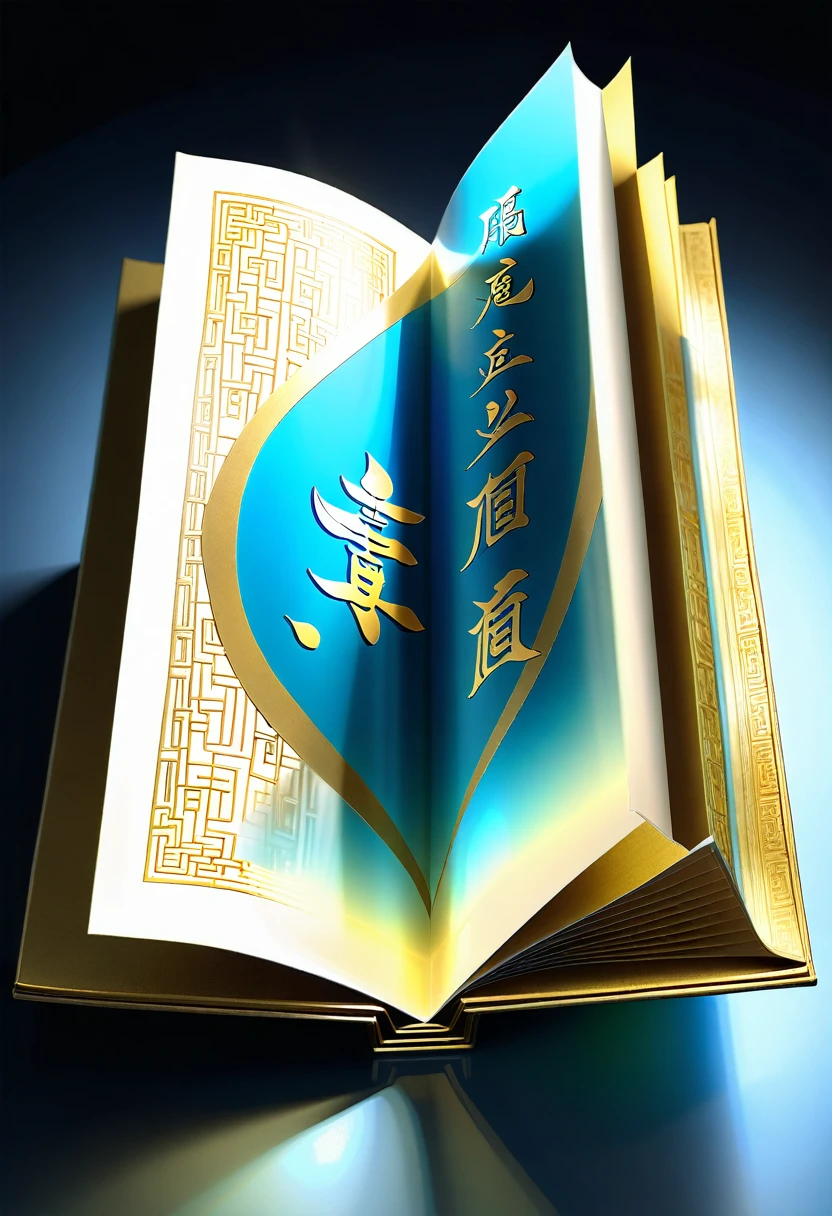  An unrolled ancient Chinese rice paper book, opened and placed, glass material, written with Chinese characters in gold, transparent, light blue, white, light gold, C4D, OC renderer, dreamlike, combined with the sense of the ancient and the future, three-dimensional ancient, bioluminescent, a beam of light, three-dimensional ancient, romantic ancient, light yellow, clean background, Zhao Wuji, Clear particles, clear light and shadow, real and virtual fields, ultra-high resolution, the overall composition is very artistic and spatial --ar 3:4

