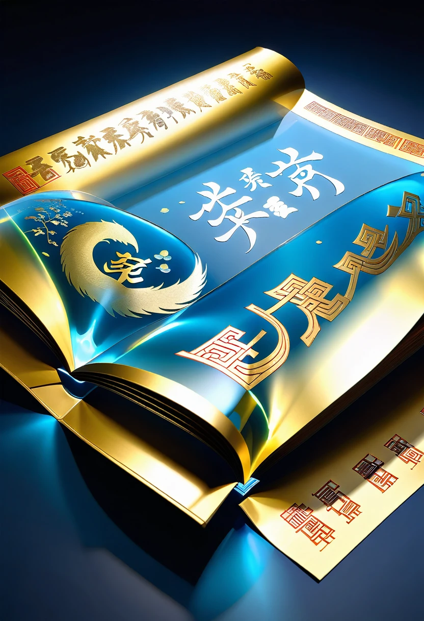 An unrolled ancient Chinese rice paper book, opened and placed, glass material, written with Chinese characters in gold, transparent, light blue, white, light gold, C4D, OC renderer, dreamlike, combined with the sense of the ancient and the future, three-dimensional ancient, bioluminescent, a beam of light, three-dimensional ancient, romantic ancient, light yellow, clean background, Zhao Wuji, Clear particles, clear light and shadow, real and virtual fields, ultra-high resolution, the overall composition is very artistic and spatial --ar 3:4