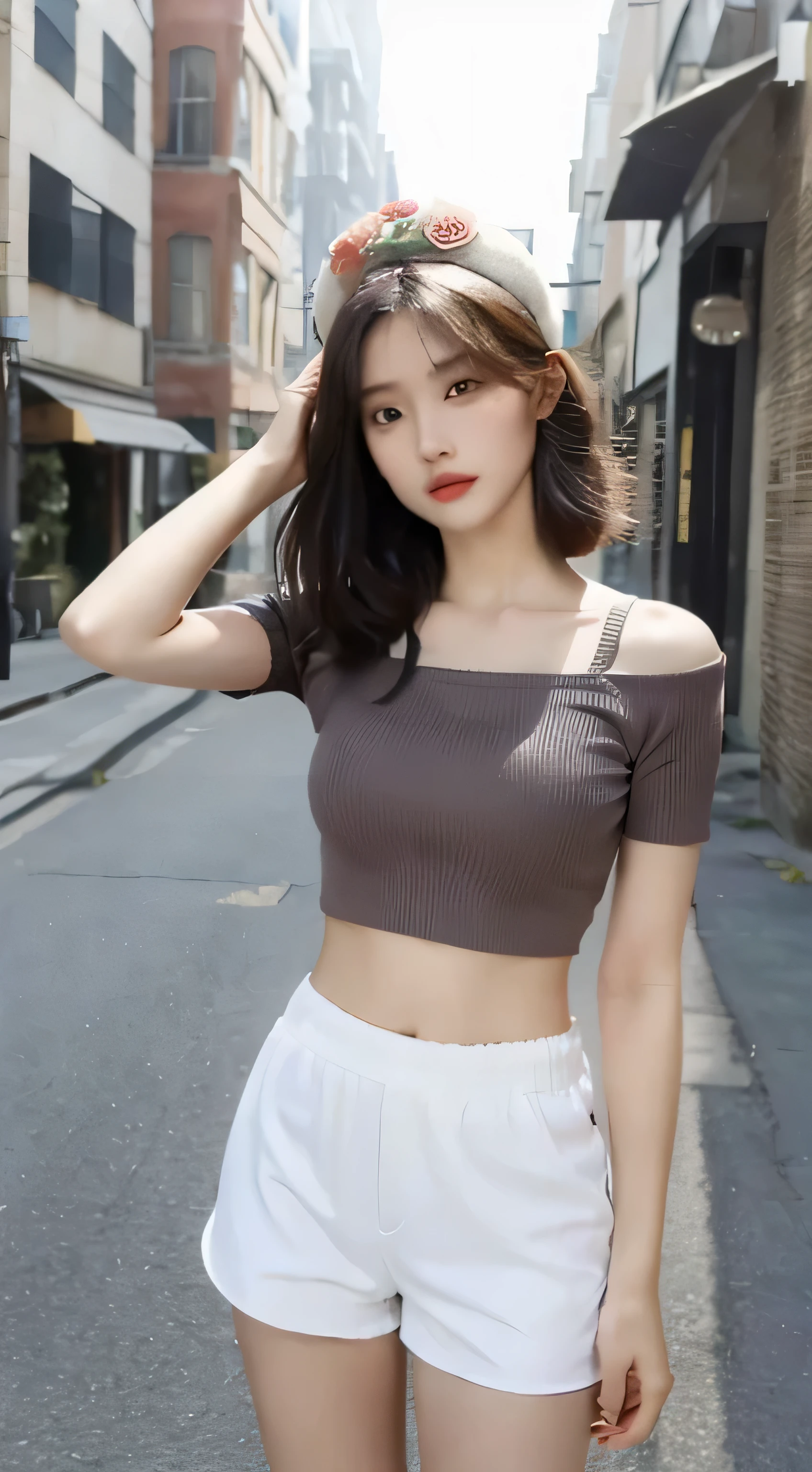((Highest quality, 8K, masterpiece: 1.3)), (Flower Cap: 1.3), concentrated: 1.2, Perfect Body Beauty: 1.4, Hips: 1.2, (Layered Haircut: 1.2)), (Dark Street: 1.3), Highly detailed face and skin texture, whole body, Delicate eyes, double eyelid, White skin, Long Hair, (Round face: 1.5), (loose crop top, Shorts: 1.6),８Head to Body,slender,Beautiful legs