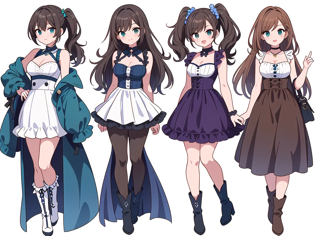 (((Best Quality))) , ((full body)), 4 lady, adult woman, multiple views, (((white background,))) variety of hairstyles, variety of fashion styles, seductive pose, fashionable and trendy atmosphere, holding bag, summer outfits, walk pose, dark blue/dark orange/dark green/dark violet/brown/white, short shorts, cleavage, frill, boots, bustier,