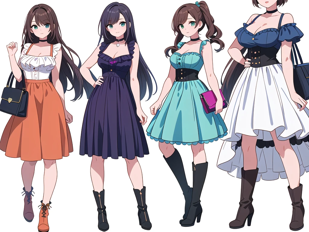(((Best Quality))) , ((full body)), 4 lady, adult woman, multiple views, (((white background,))) variety of hairstyles, variety of fashion styles, seductive pose, fashionable and trendy atmosphere, holding bag, summer outfits, walk pose, dark blue/dark orange/dark green/dark violet/brown/white, short shorts, cleavage, frill, boots, bustier,