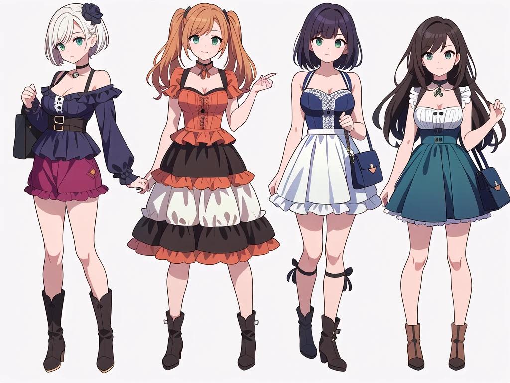 (((Best Quality))) , ((full body)), 4 lady, adult woman, multiple views, (((white background,))) variety of hairstyles, variety of fashion styles, seductive pose, fashionable and trendy atmosphere, holding bag, summer outfits, walk pose, dark blue/dark orange/dark green/dark violet/brown/white, short shorts, , frill, boots, bustier,
