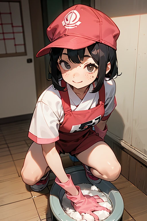 A Japanese black-haired, freckled female elementary school student wearing a red gym cap and short-sleeved gym uniform, wearing large pink rubber gloves and gym shoes, smiling as she cleans the dirty toilets at her school