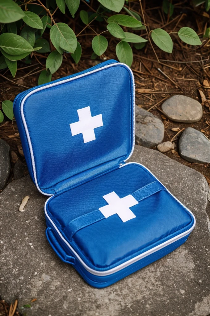 First aid kit with the letters JW in blue
