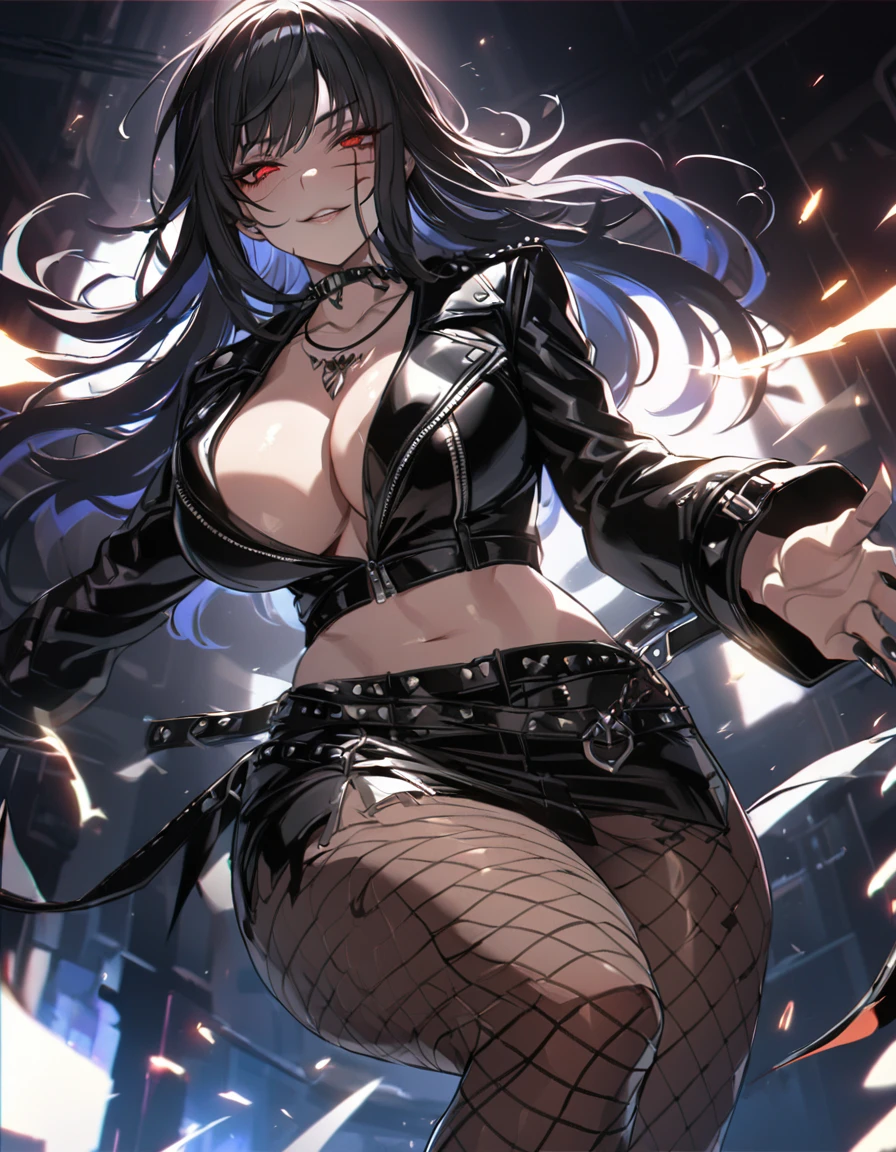 best quality, masterpiece, ultra-detailed, illustration, dynamic pose, Yoru, yorucsm, face scar, red eyes, black hair, looking at viewer, (evil smile), heavy eyeliner, (wearing a leather jacket, platform boots:1.2), adorned with studded accessories, (layered necklaces), bold patterns, (torn fishnet pantyhose:1.2), black miniskirt, dramatic makeup, black nail polish, oversized rings, close-up shot, thick thighs, big breasts, big ass, wide hips, hip dip, glossy lips, expressive face, (ratatatat74:1.2), cinematic lighting, volumetric lighting, vibrant colors, ray tracing, intricate details in 8k or 4k resolution