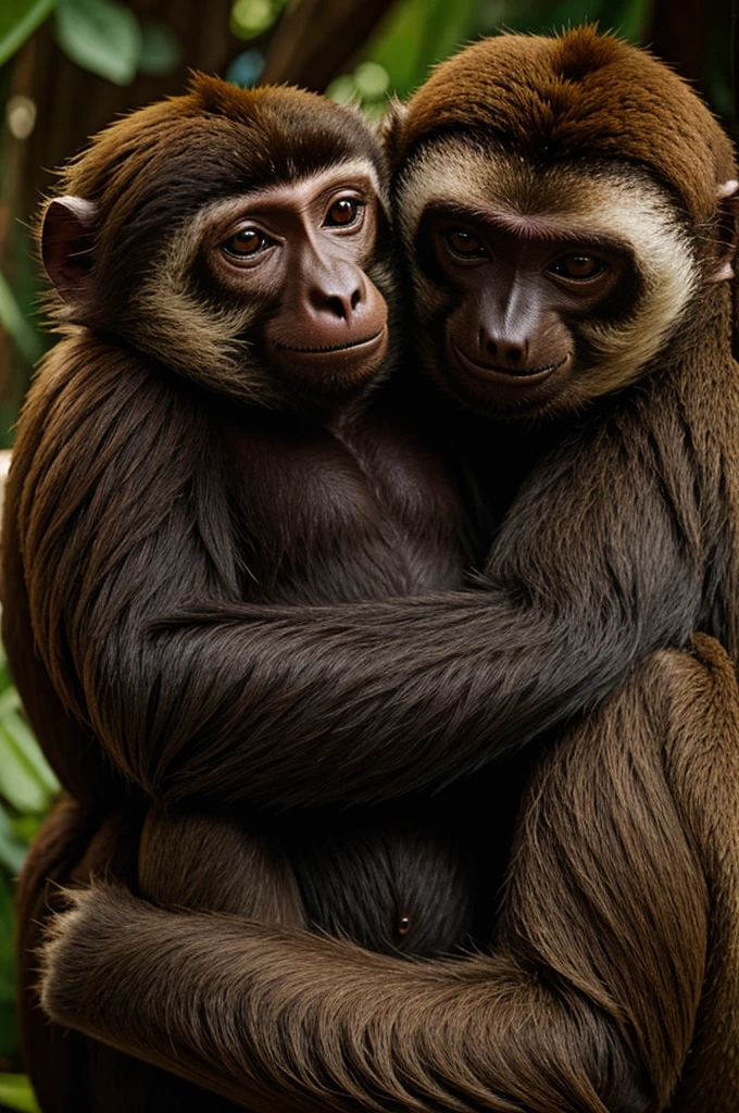 A very enamored monkey hugging a sloth