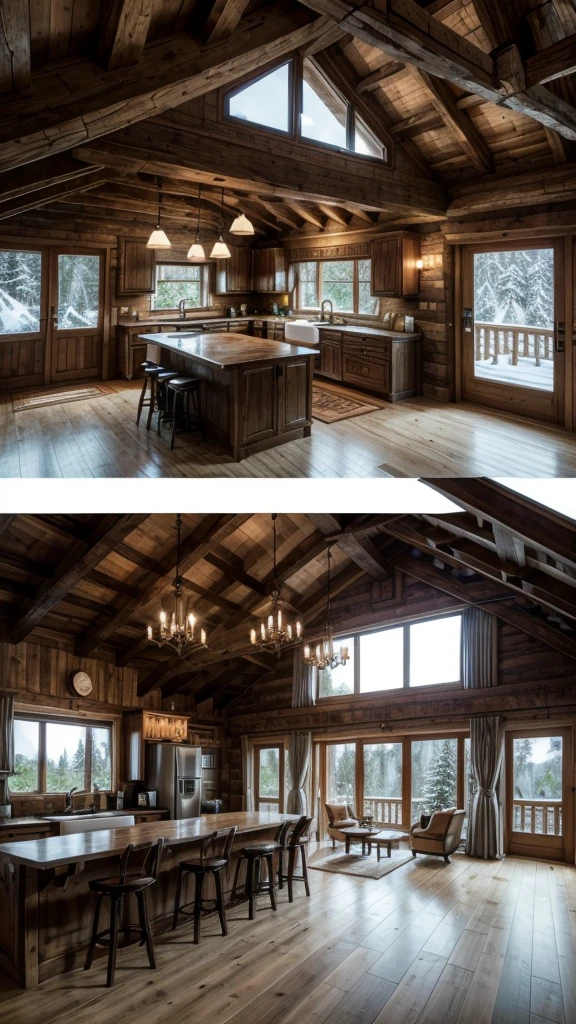 Design a rustic chalet, with the architectural plan, A room, living room and kitchen, restroom, space with hydromassage