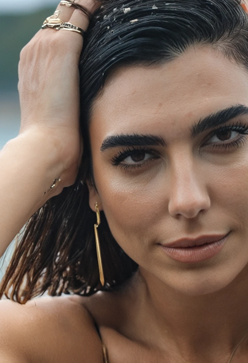 high quality Erotic portrait paparazzi photo , (gorgeous celebrity , woman, SDXL , lora, smile, smiling , eyebrows raised ,DuaLipa, dua lipa, duxlipa, female, singer, cute, vacation side background , wet atmospheric , random click, random move photograph , photorealistic , celebrity , woman ) sunbathing , topless , shiny breast ,shiny sweaty skin , sexualized move, erotic angles, sweaty flat breas,t celebrity erotic photograph , fit muscular figure , shiny sweaty skin, hollywood actress , fleshy muscular woman , ( natural lights, depth of field, detailed face , insanely detailed skin texture, hyper detailed features )
