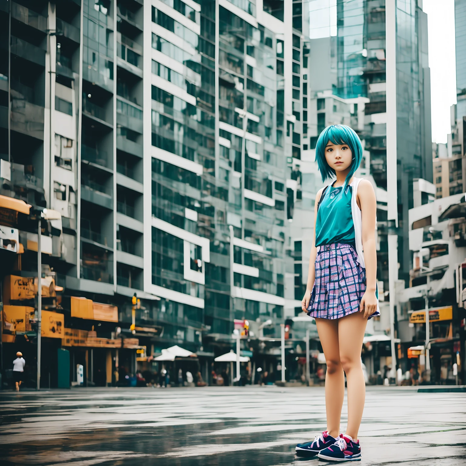 ((best qualityer)) 1;1, アニメ, Personagem 3 Fuuka, 1 girl, standing alone, water hair, shorth hair, big city 90s background, 90s clothes