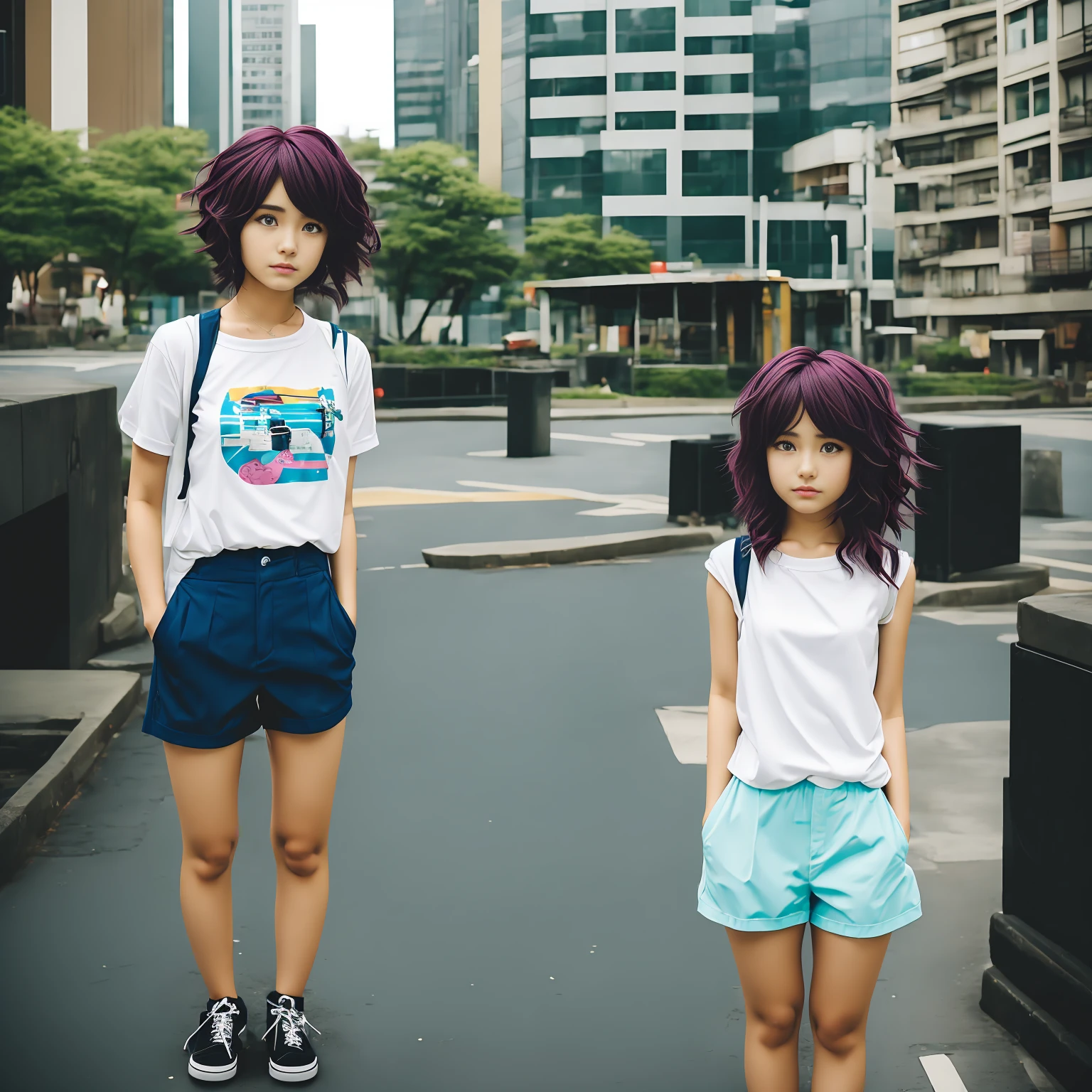((best qualityer)) 1;1, アニメ, Personagem 3 Fuuka, 1 girl, standing alone, water hair, shorth hair, big city 90s background, 90s clothes