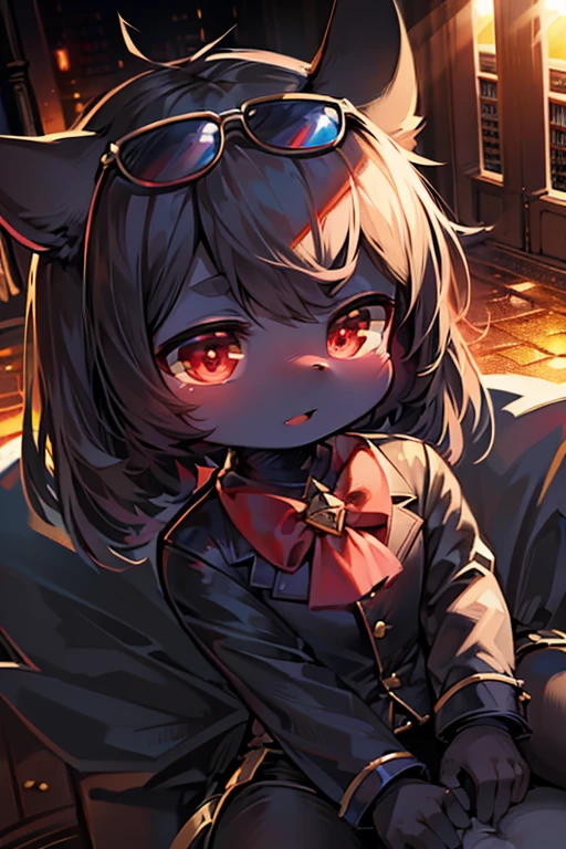 Devil,cute,loli,black suits,sunglasses,chibi character,pop style,Break masterpiece,best quality,super detailed,super fine illustration,8k quality,anime style,detailed background,beautiful background,dynamic angle,pov