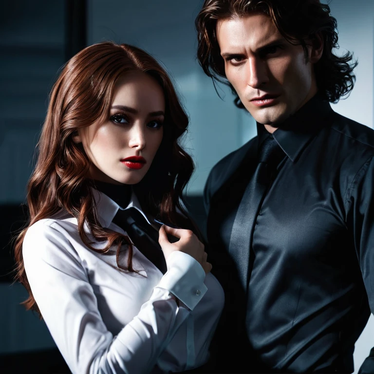 Masterpiece, Best Quality, (Extremely detailed CG unity 8k wallpaper), (Best Quality), (Best photo), (best shadow), absurdities, realistic lighting, (Abyss), beautiful detailed shine, photography was hdr, bdsm aesthetics. Tall man with long dark brown wavy hair. The woman of medium height with reddish hair. action: He holds her by the neck in a bdsm game. They are both wearing office clothes and have their faces completely covered.. Place: a dark office. 