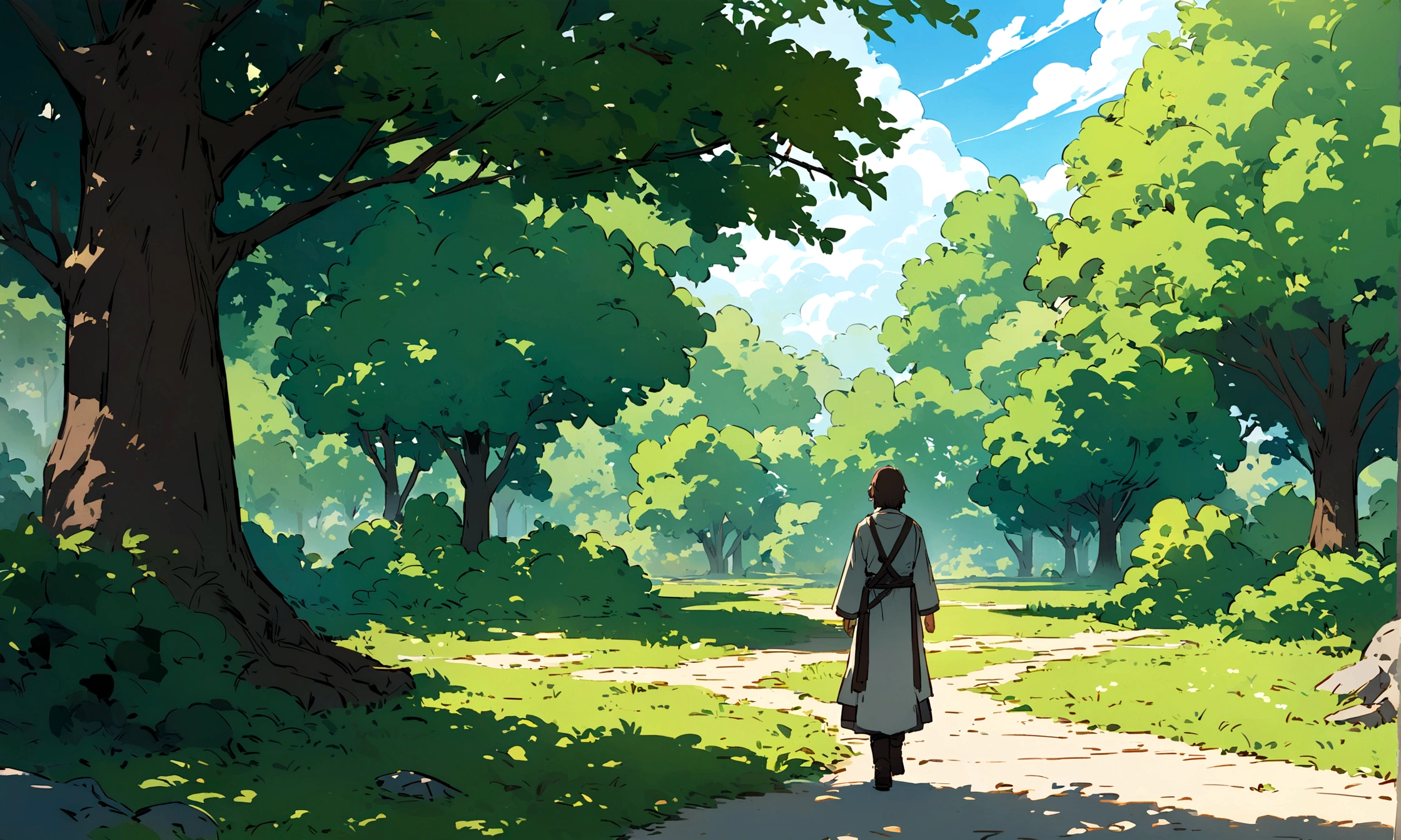The protagonist is outside in a park, walking alone, deep in thought. The natural surroundings highlight a quest for inner peace.