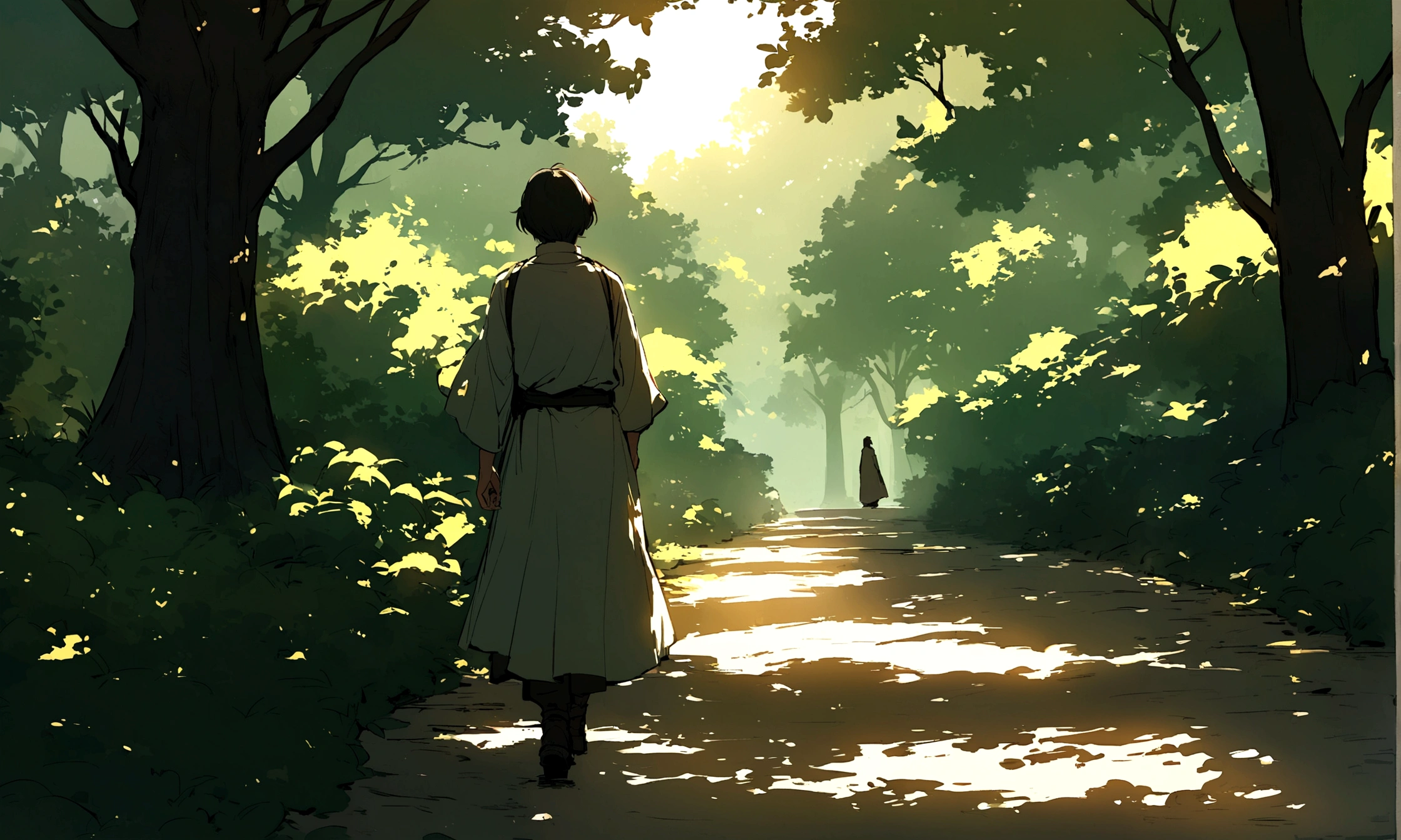 The protagonist is outside in a park, walking alone, deep in thought. The natural surroundings highlight a quest for inner peace.