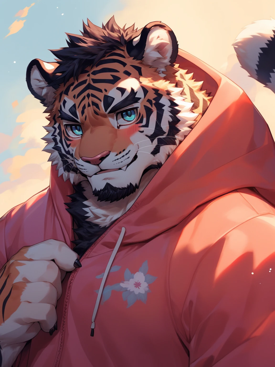 (Imagine:1.5), solitary, anthropology, hairy, hairy male, tiger, ((Fluffy fur, Fluffy, hairy body)), (Snow leopard print), (thick eyebrows), youth, muscular, The skin is white and big, Blue-gray pupils, Detailed teeth, , sideways, 害羞expression, 淡淡的Smile, blush, (動態posture:1.5), clear facial features, strong, majestic, solitary, panoramic, Fog atmosphere, early morning, Tyndall light effect, (author：ghost of emptiness, From Snow Leopard 20, masterpiece, high quality, High resolution,8K)Animal species**：tiger - **color**：black and white - **expression**：Smile，blush - **decorate**：Blue and pink wreath - **posture**：lying down，Hand reaching for the camera - **Scenes**：green grassland - **detail**：草原上有各式color的小花 - **visual angle**：俯視 - tiger躺在草地上，從俯visual angle度看過去。 - tiger的頭部微微傾斜，臉上帶著Smile，There is a slight blush on the cheeks。 - One hand reaches towards the camera，Seems to be greeting the audience。 - Wearing a wreath of blue and pink flowers on her head。 - 草地上有各種color的小花，background soft tones，Bright colors。(Pink sweatshirt:)Male Male Male Male
