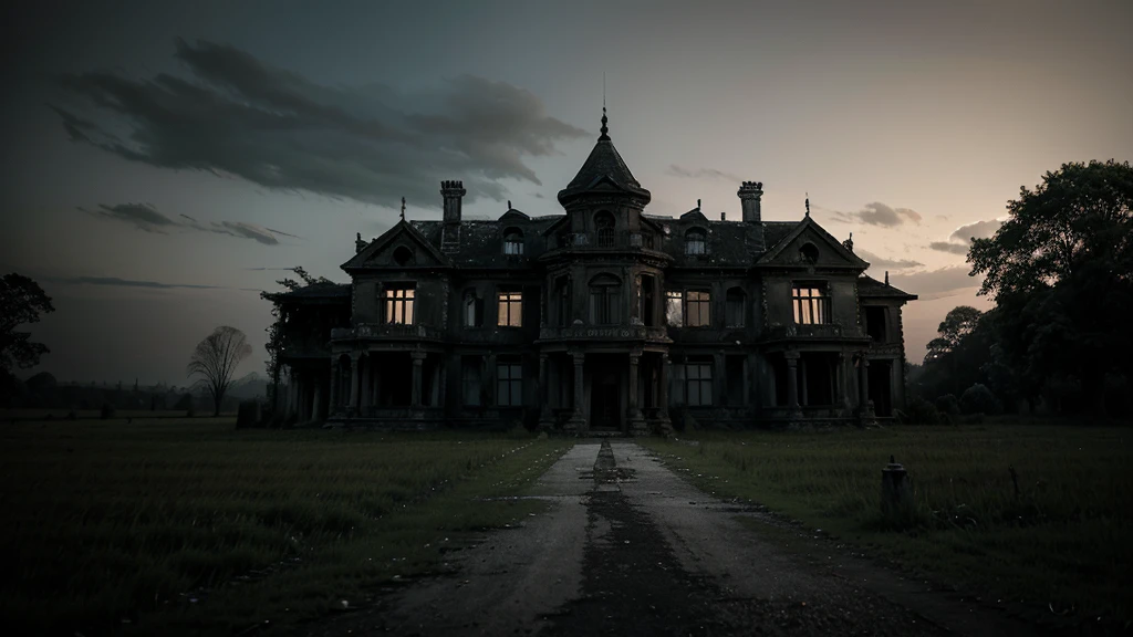 A dilapidated, eerie mansion standing alone by the roadside, surrounded by darkness.