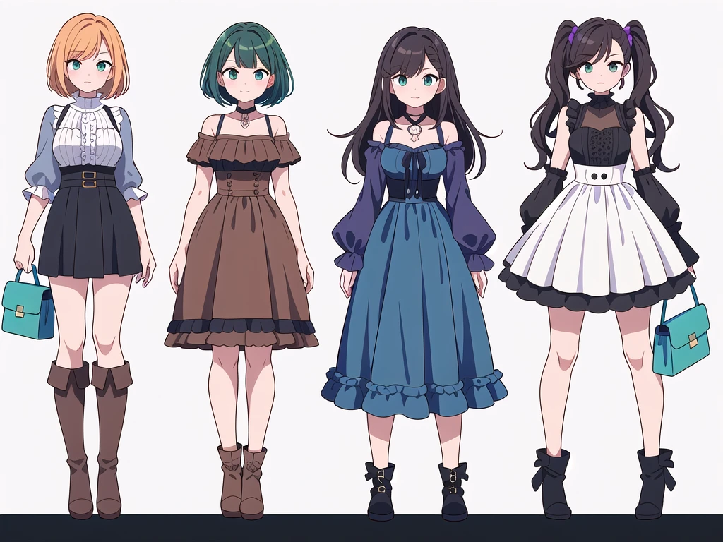 (((Best Quality))) , ((full body)), 4 lady, adult woman, multiple views, (((white background,))) variety of hairstyles, variety of fashion styles, seductive pose, fashionable and trendy atmosphere, holding bag, summer outfits, walk pose, dark blue/dark orange/dark green/dark violet/brown/white, short shorts, frill, boots, bustier,