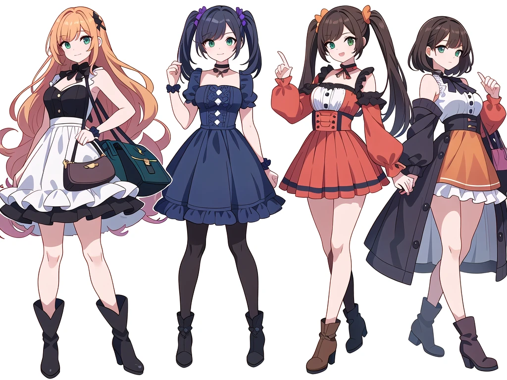 (((Best Quality))) , ((full body)), 4 lady, adult woman, multiple views, (((white background,))) variety of hairstyles, variety of fashion styles, seductive pose, fashionable and trendy atmosphere, holding bag, summer outfits, walk pose, dark blue/dark orange/dark green/dark violet/brown/white, short shorts, frill, boots, bustier,