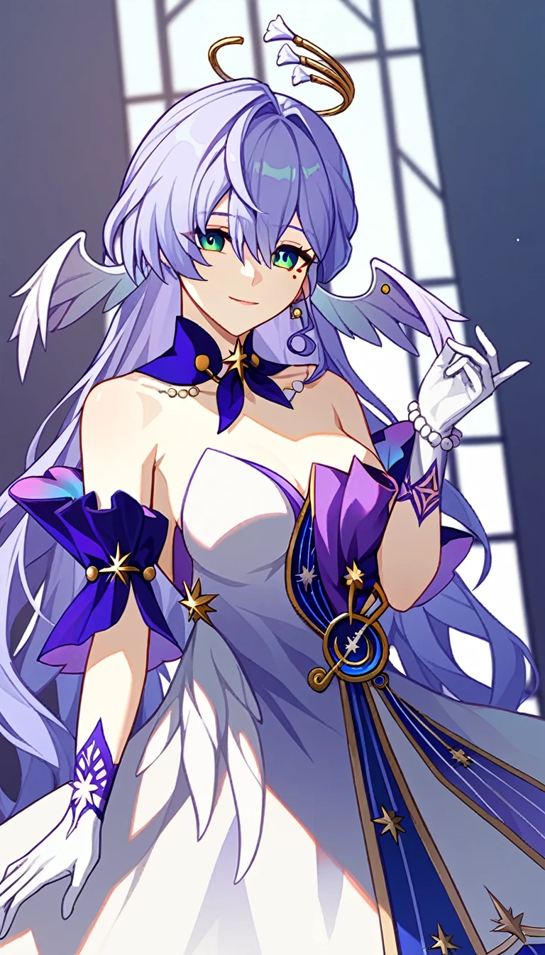 1girl, robin_\(honkai:_star_rail\), bare_shoulders, head_wings, white_dress, white_gloves, detached_sleeves, short_sleeves, aqua_eyes, long_hair, halo, purple_dress, hair_between_eyes, earrings, purple_hair